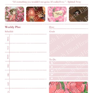 May include: A weekly planner with a pink and white floral design. The planner has sections for schedule, goals, and to-do list. The planner is decorated with images from the animated film Spirited Away.