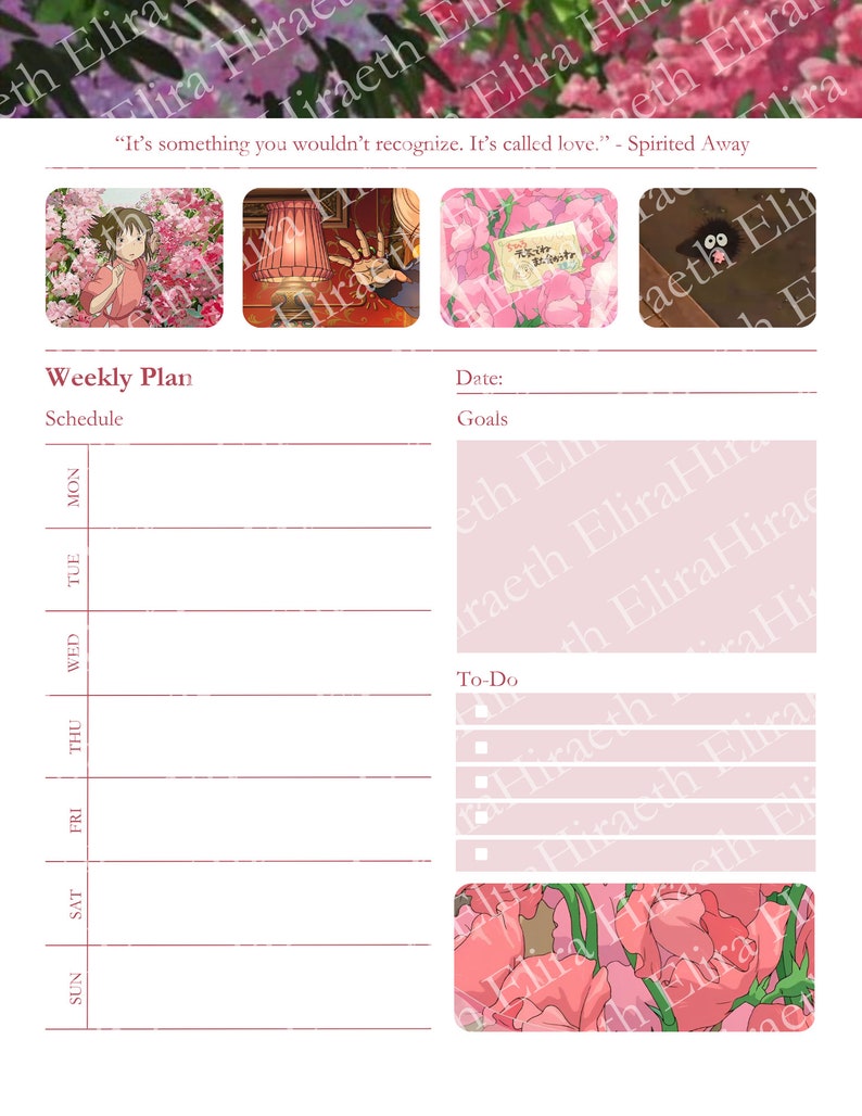 May include: A weekly planner with a pink and white floral design. The planner has sections for schedule, goals, and to-do list. The planner is decorated with images from the animated film Spirited Away.