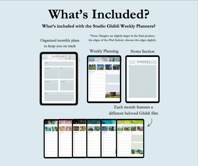 May include: A digital planner featuring monthly and weekly layouts with a notes section. Each month features a different Studio Ghibli film. The planner is designed to help you stay organized and on track.