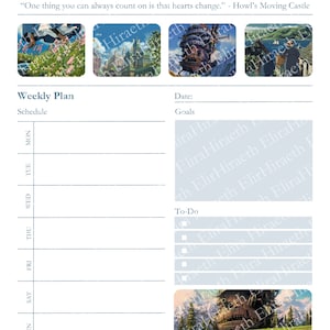 May include: A weekly planner with a blue and white design featuring images from the animated film Howl's Moving Castle. The planner includes sections for schedule, goals, and to-do list.