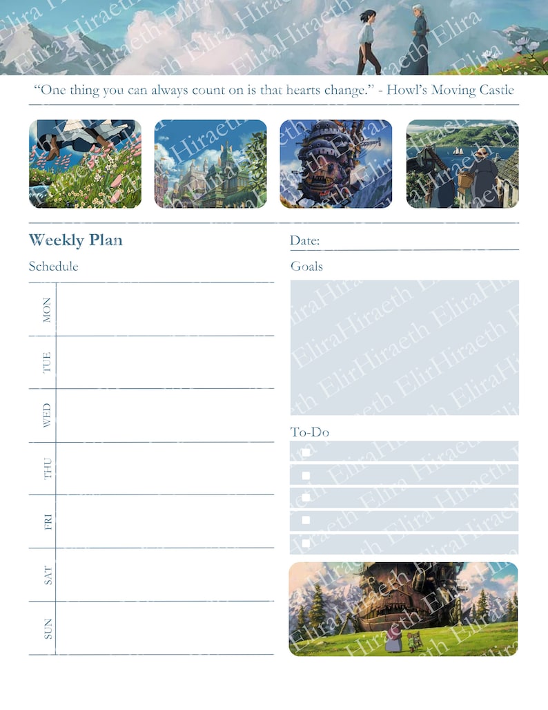 May include: A weekly planner with a blue and white design featuring images from the animated film Howl's Moving Castle. The planner includes sections for schedule, goals, and to-do list.