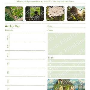 May include: A weekly planner with a green and white color scheme. The planner has a section for scheduling, goals, and to-do items. The planner also features images from the animated film "The Boy and the Heron".