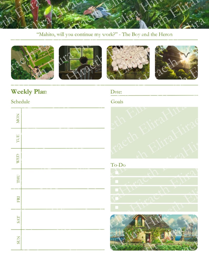 May include: A weekly planner with a green and white color scheme. The planner has a section for scheduling, goals, and to-do items. The planner also features images from the animated film "The Boy and the Heron".