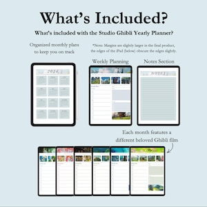 May include: A digital planner featuring monthly calendars, weekly planning pages, and a notes section. Each month features a different Studio Ghibli film. The planner is designed for use on an iPad.