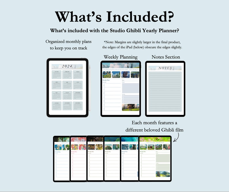 May include: A digital planner featuring monthly calendars, weekly planning pages, and a notes section. Each month features a different Studio Ghibli film. The planner is designed for use on an iPad.