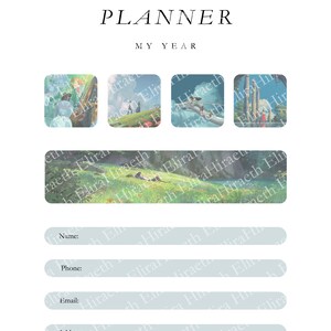 May include: A 2024 planner with a light blue background and a title that says "Planner" and "My Year". The planner has four images of scenes from the animated film "Howl's Moving Castle".