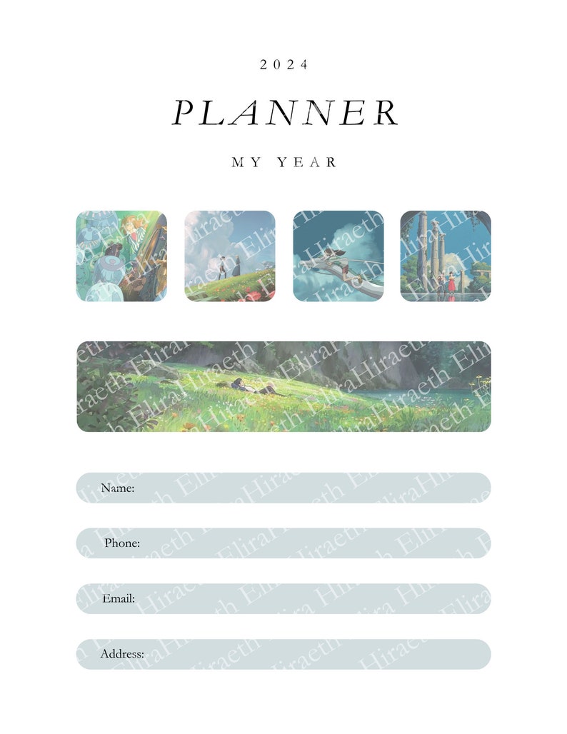 May include: A 2024 planner with a light blue background and a title that says "Planner" and "My Year". The planner has four images of scenes from the animated film "Howl's Moving Castle".