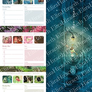 May include: A printable planner with three weekly schedule pages featuring quotes and images from the animated film Spirited Away. The pages are decorated with scenes from the film, including No Face, Chihiro, and the spirit of the Kohaku River.