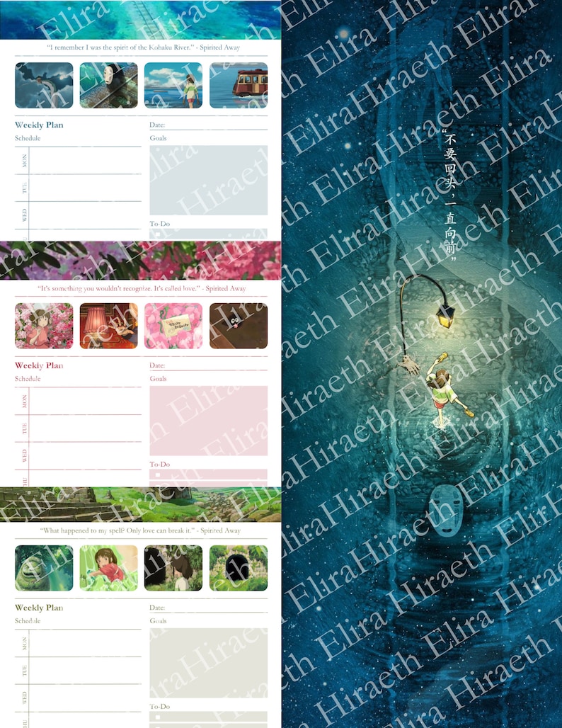 May include: A printable planner with three weekly schedule pages featuring quotes and images from the animated film Spirited Away. The pages are decorated with scenes from the film, including No Face, Chihiro, and the spirit of the Kohaku River.