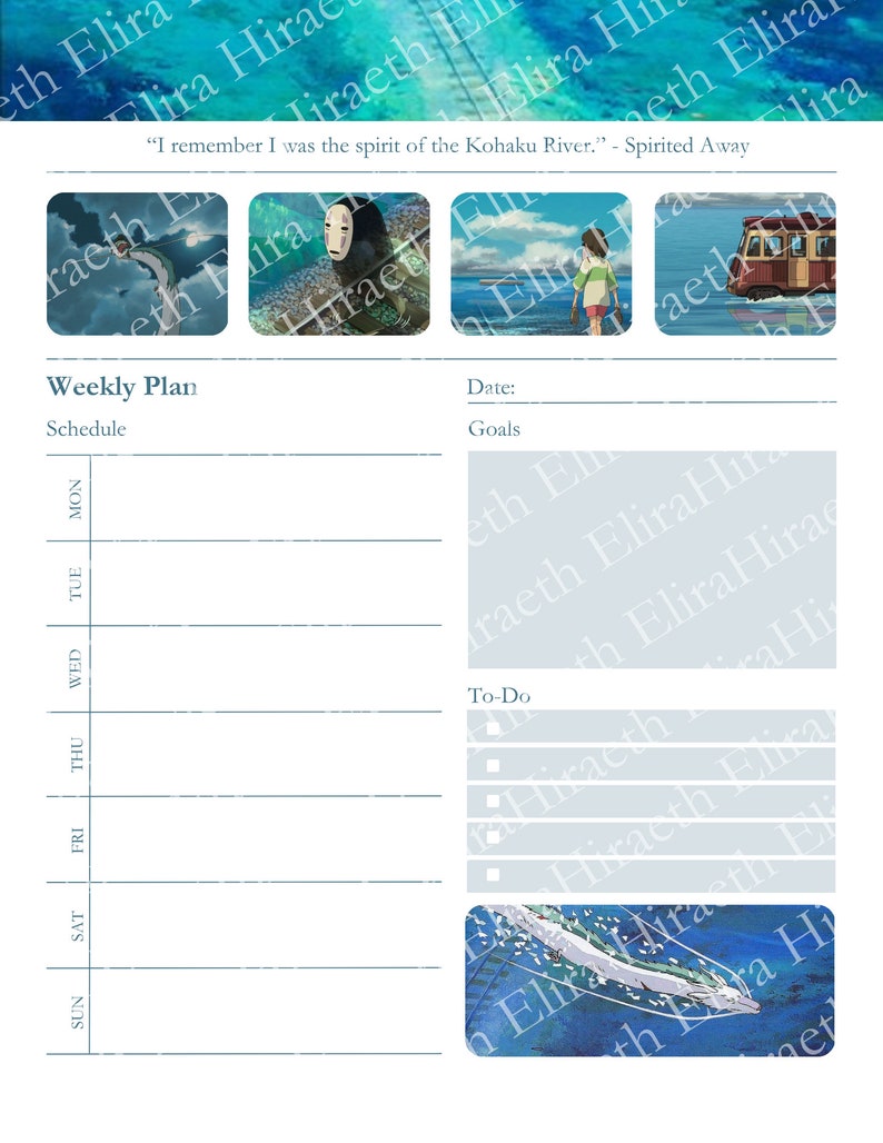 May include: A weekly planner with a blue and white watercolor background. The planner has sections for schedule, goals, and to-do list. The planner is decorated with images from the animated film Spirited Away.