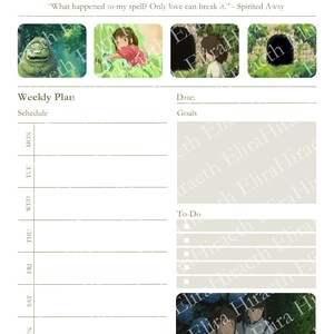 May include: A weekly planner with a green and white color scheme. The planner has a section for scheduling and a section for goals. The planner also has a section for to-do items. The planner is decorated with images from the animated film Spirited Away.
