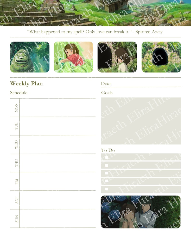 May include: A weekly planner with a green and white color scheme. The planner has a section for scheduling and a section for goals. The planner also has a section for to-do items. The planner is decorated with images from the animated film Spirited Away.