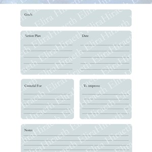 May include: A light blue printable planner page with the word "FEBRUARY" at the top. The page is divided into sections for goals, action plan, grateful for, to improve, and notes. Each section has lines for writing.