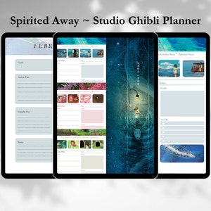 May include: A digital planner featuring a blue and green background with a scene from the Studio Ghibli film Spirited Away. The planner includes sections for goals, action plans, gratitude, notes, and to-do lists. The planner also includes images from the film, such as the No Face spirit and the train.