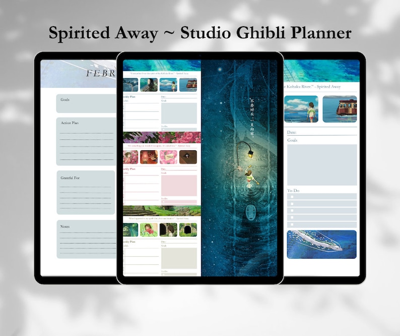May include: A digital planner featuring a blue and green background with a scene from the Studio Ghibli film Spirited Away. The planner includes sections for goals, action plans, gratitude, notes, and to-do lists. The planner also includes images from the film, such as the No Face spirit and the train.