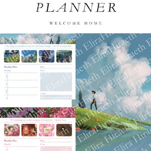 May include: A printable planner with a blue and white sky background featuring a quote from Howl's Moving Castle. The planner has a weekly schedule section with space for goals and to-do lists. The planner also features a quote from Spirited Away.