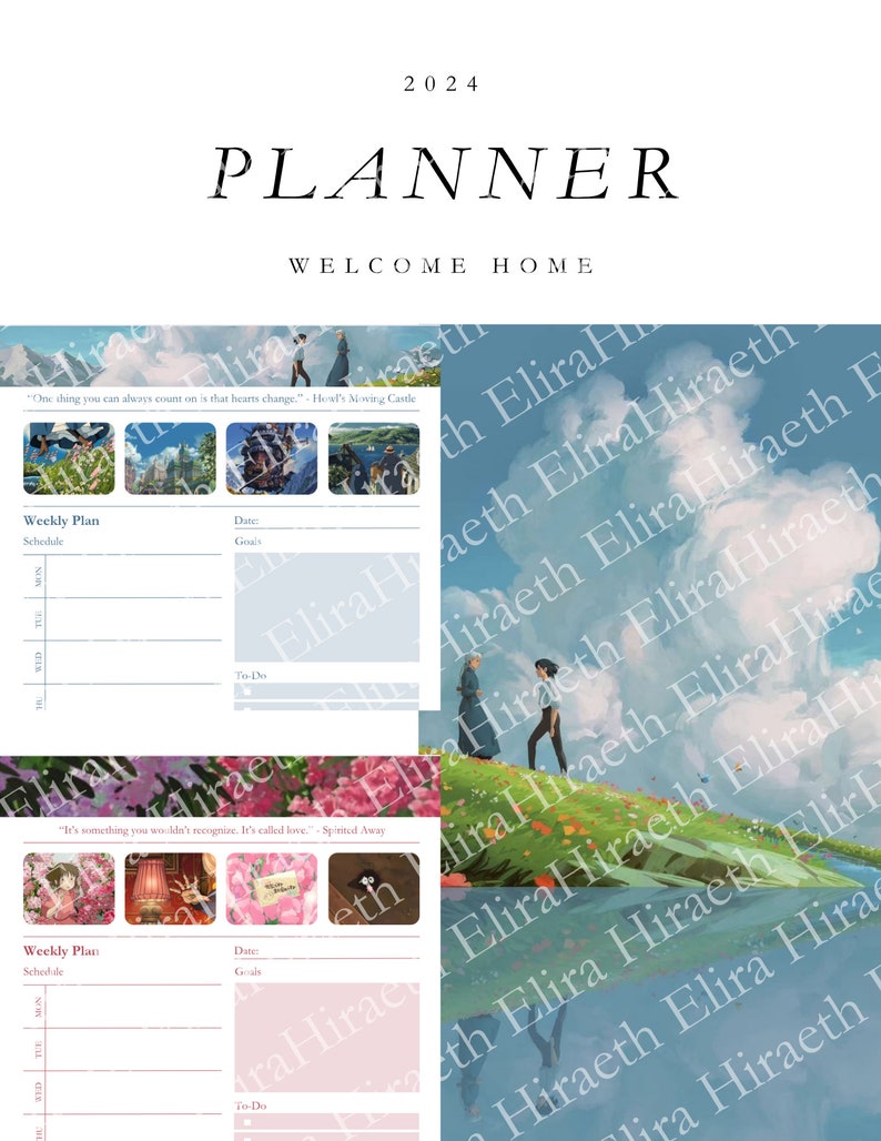 May include: A printable planner with a blue and white sky background featuring a quote from Howl's Moving Castle. The planner has a weekly schedule section with space for goals and to-do lists. The planner also features a quote from Spirited Away.