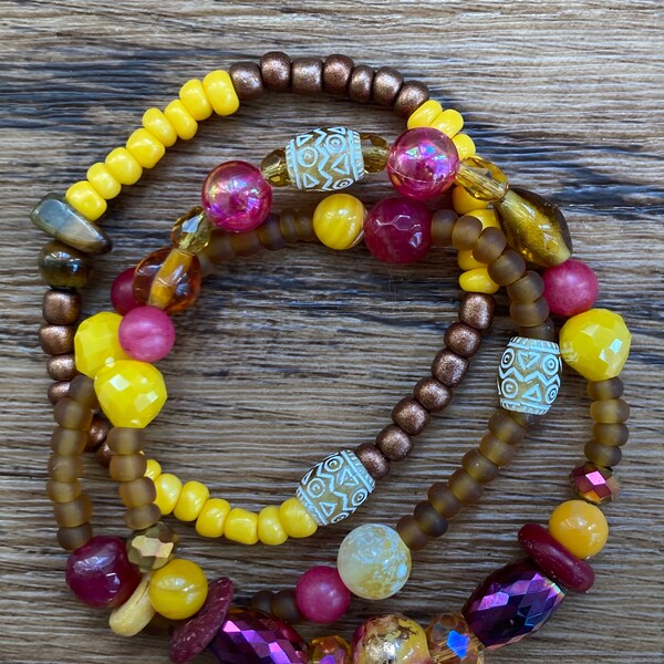Funky Bracelet set of 3 boho one of a kind, unique beaded bracelets. Pink, purple and yellow