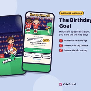 Invitación animada de fútbol, video invitación de cumpleaños futbolero para niños y niñas, invitación digital WhatsApp con confirmación imagen 1