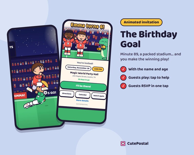 Invitación animada de fútbol, video invitación de cumpleaños futbolero para niños y niñas, invitación digital WhatsApp con confirmación imagen 1