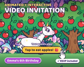 Animierte Einhorn-Geburtstagseinladung, interaktive Videoeinladung mit RSVP (Digitaler Download)