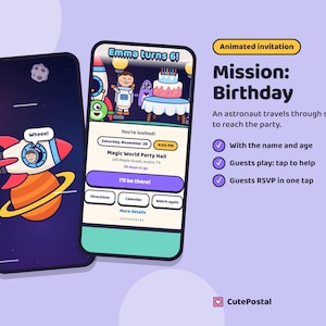 Invitación animada espacial de cumpleaños, astronauta y cohete, video invitación digital para niños y niñas con confirmación imagen 1