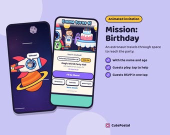 Animierte Weltraum-Geburtstagseinladung, Astronautenraketen-Videoeinladung für Jungen und Mädchen, digitale Texteinladung mit RSVP