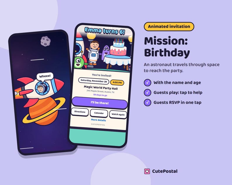Invitación animada espacial de cumpleaños, astronauta y cohete, video invitación digital para niños y niñas con confirmación imagen 1