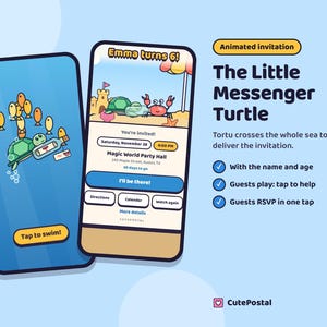 Animated Under the Sea Birthday Invitation, Sea Turtle Video Invite, Ocean Beach Party Digital Invitation with RSVP image 1