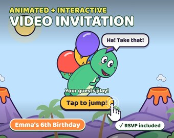 Animerad dinosauriefödelsedagsinbjudan, interaktiv video Evite (digital nedladdning)