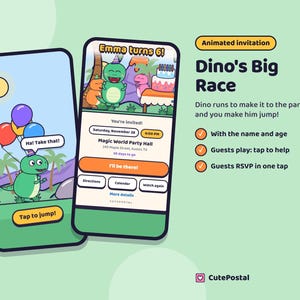 Animierte Dinosaurier-Geburtstagseinladung, Dino-Videoeinladung für Kinder, digitale Texteinladung mit Antwortmöglichkeit, interaktive Partyeinladung Bild 1