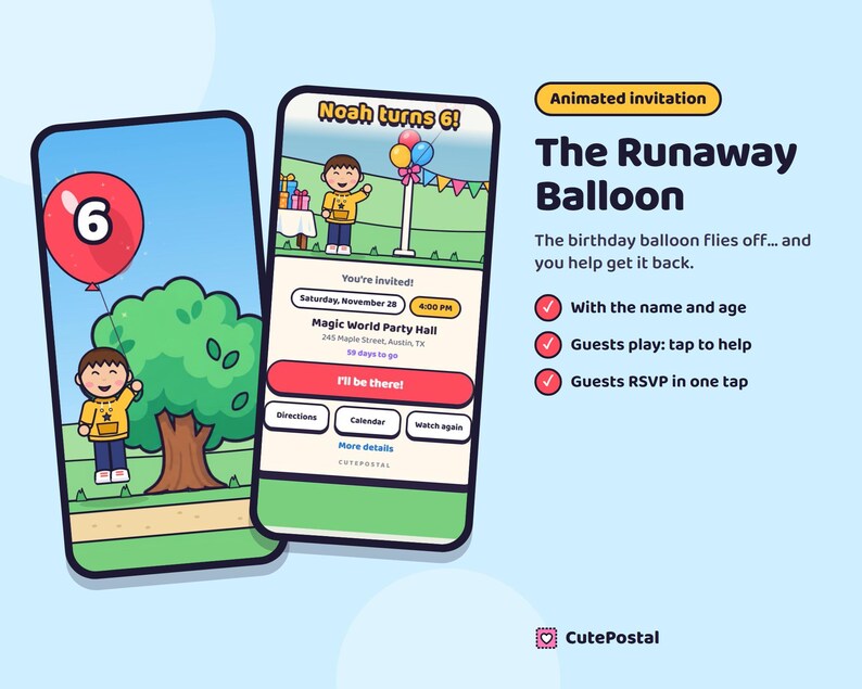Animated Balloon Birthday Invitation, First Birthday Video Invite for Toddlers, Digital Text Invitation with RSVP image 1