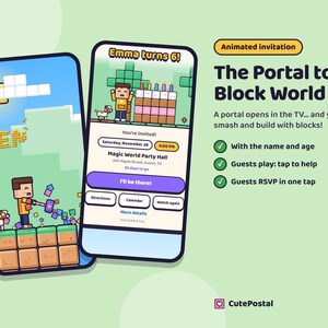 Animerad födelsedagsinbjudan till Gamer, videoinbjudan till Block World, digital textinbjudan till videospelsfest med OSA för barn bild 1