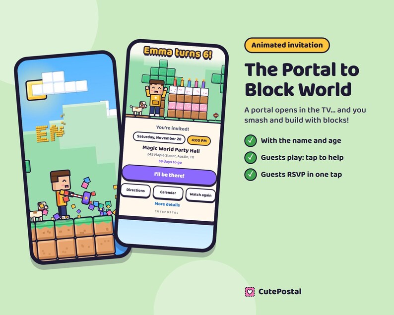Animerad födelsedagsinbjudan till Gamer, videoinbjudan till Block World, digital textinbjudan till videospelsfest med OSA för barn bild 1