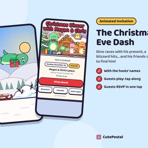 Animated Christmas Party Invitation, Dinosaur Video Invite, Digital RSVP (PDF) image 1