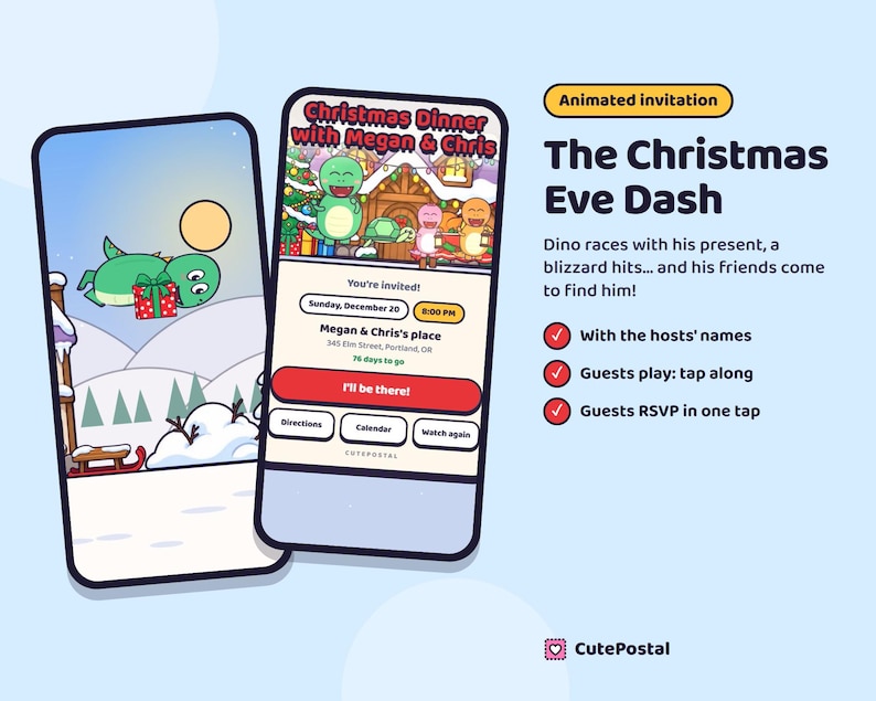 Animated Christmas Party Invitation, Dinosaur Video Invite, Digital RSVP (PDF) image 1
