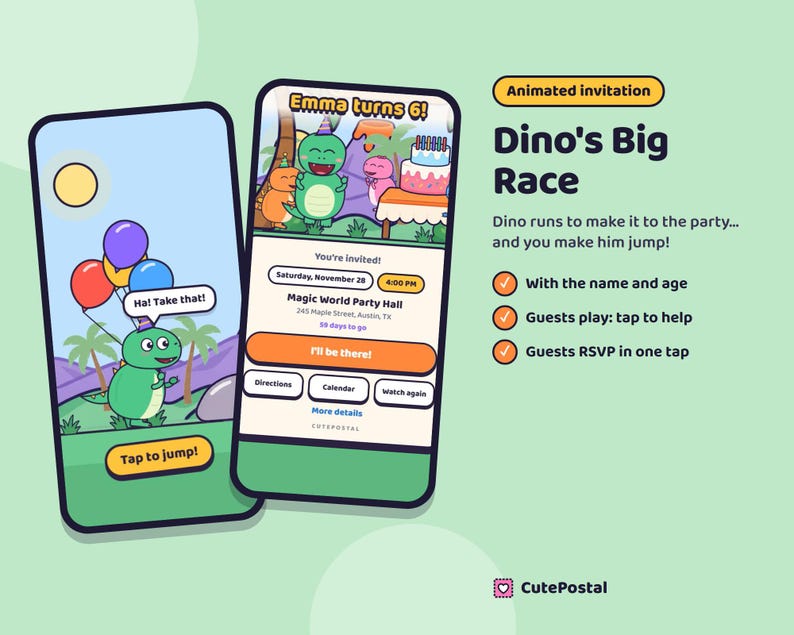 Animated Dinosaur Birthday Invitation, Dino Video Invitation for Kids, Digital Text Invite with RSVP, Interactive Party Evite image 1