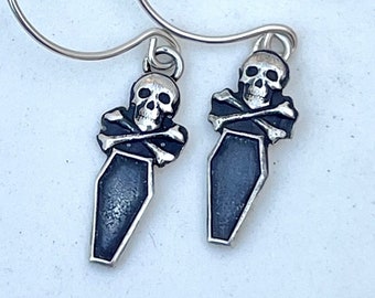 skull and crossbones with coffin earrings. Gothic Halloween jewelry in sterling silver