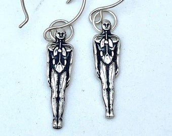 silver anatomical man earrings. Gothic Halloween jewelry in sterling silver. medical body
