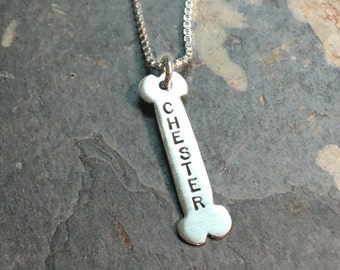 Personalized Sterling Silver Dog Bone Necklace: Pet Name Jewelry. One bone on chain