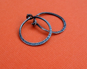 sterling silver small hoops-18ga hammered, textured oxidized 5/8 inch