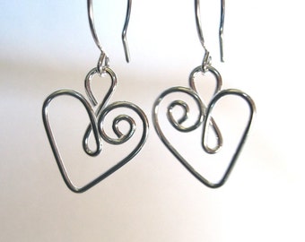 sterling silver heart earrings made with bent wire