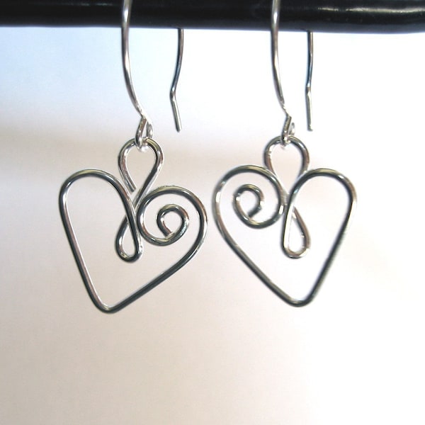 sterling silver heart earrings made with bent wire