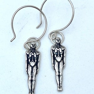 silver anatomical man earrings. Gothic Halloween jewelry in sterling silver. medical body image 1