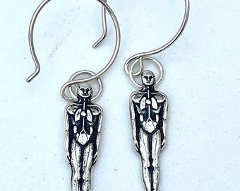 silver anatomical man earrings. Gothic Halloween jewelry in sterling silver. medical body