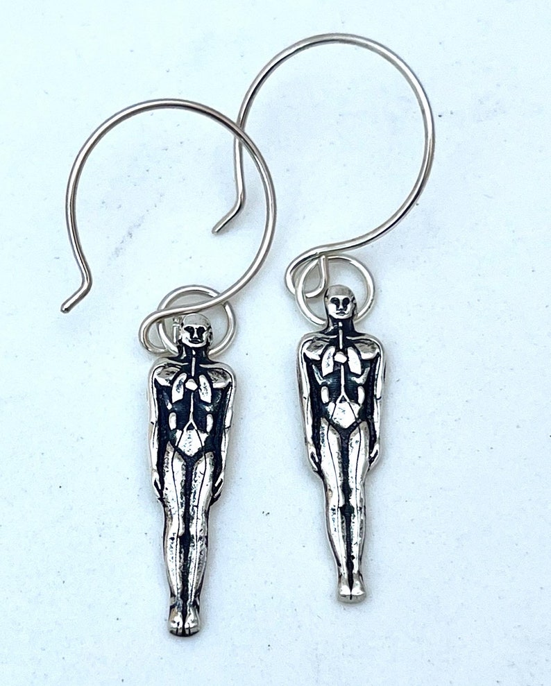 silver anatomical man earrings. Gothic Halloween jewelry in sterling silver. medical body image 1