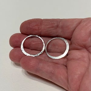 round 14ga sterling silver seamless hoops with hammered edge. about 7/8 in ID 21mm