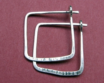 textured sterling silver square hoops..  small, sterling 5/8 inch