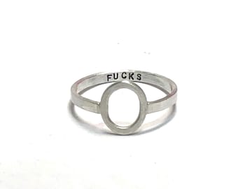 sterling silver Zero Fucks ring. text INSIDE