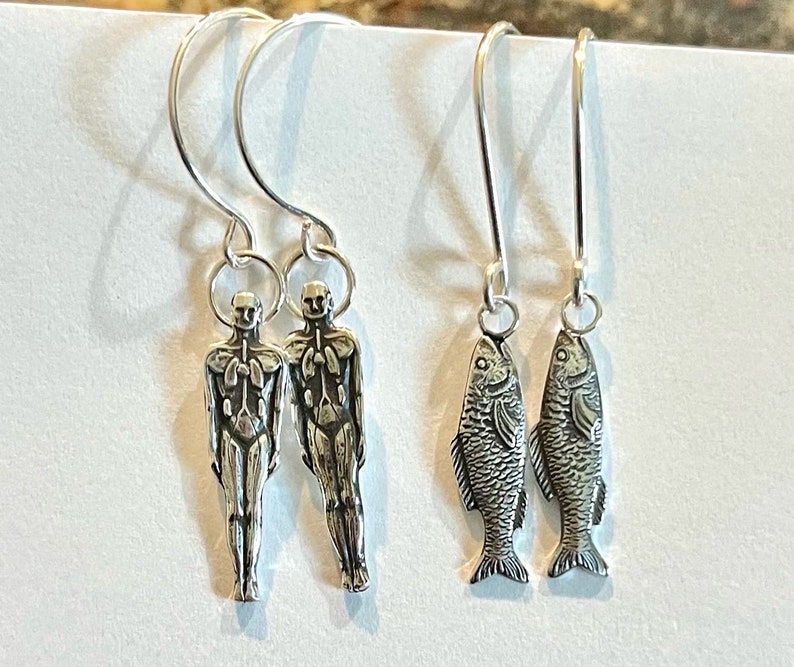 silver anatomical man earrings. Gothic Halloween jewelry in sterling silver. medical body image 5